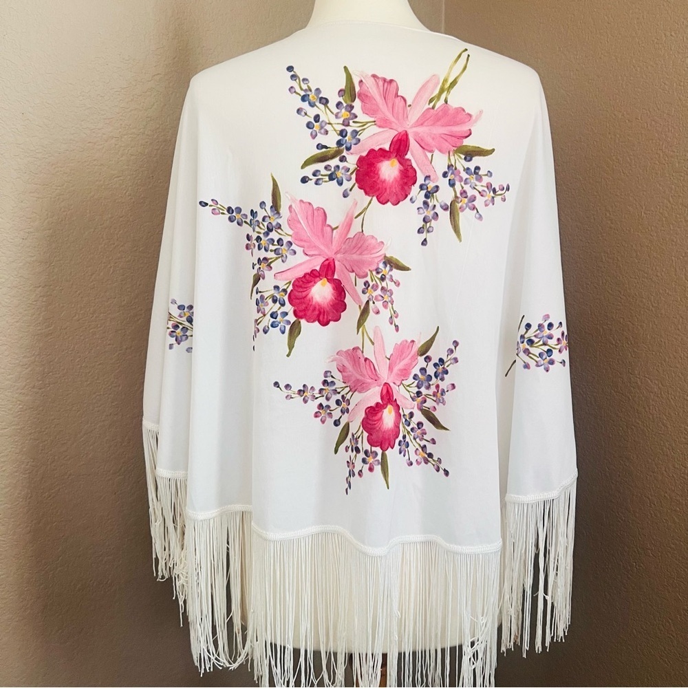 Vintage Hand Painted Fringed Shawl Elegant Coverall.